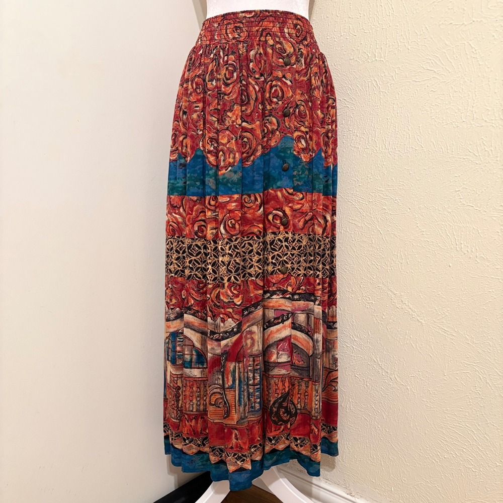 90s Maxi Skirt Artistic Rustic Bohemian Euro Roses Watercolor Art to Wear 8